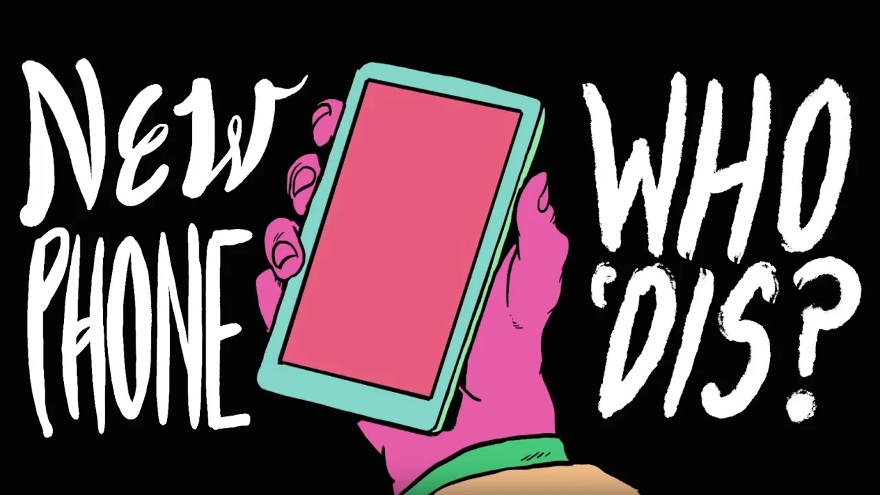 New Phone, Who Dis? — Illustration of a pink hand holding a smartphone with text 'New Phone Who Dis?' on black background