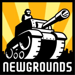 The iconic Newgrounds logo featuring a silhouetted tank firing against an orange and yellow sunburst background.