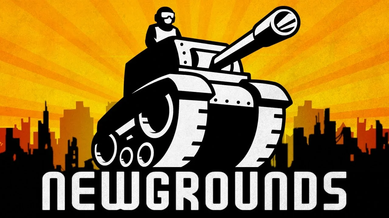 The Newgrounds logo featuring a silhouetted tank firing against an orange and yellow sunburst with urban cityscape below.