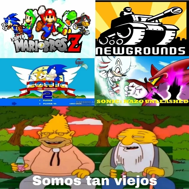A nostalgic collage featuring iconic Newgrounds animations and logo with text 'Somos tan viejos' reflecting on the platform's history.