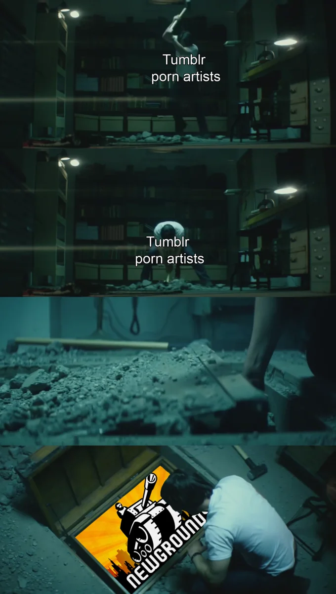 A multi-panel meme showing artists leaving other platforms and finding refuge on Newgrounds with the logo reveal.