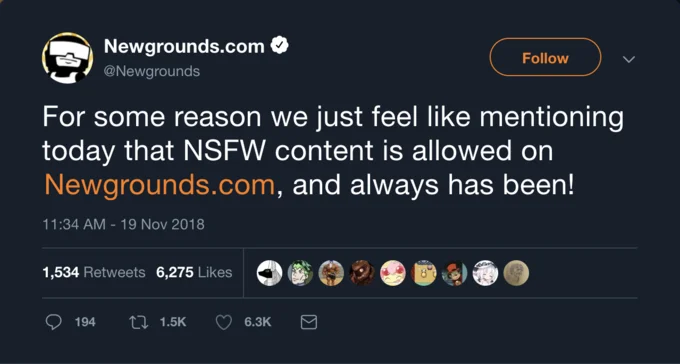 An official Newgrounds Twitter post from November 2018 discussing the platform's stance on allowing NSFW content.