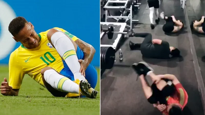 Neymar Challenge — Split image of Neymar rolling on the ground and people copying him in a gym.