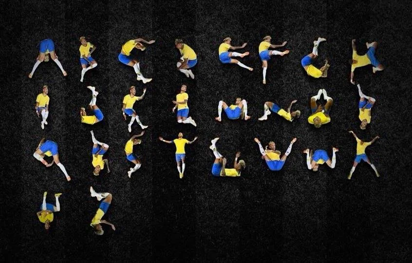 Alphabet made from photos of Neymar's rolling poses on a grass field