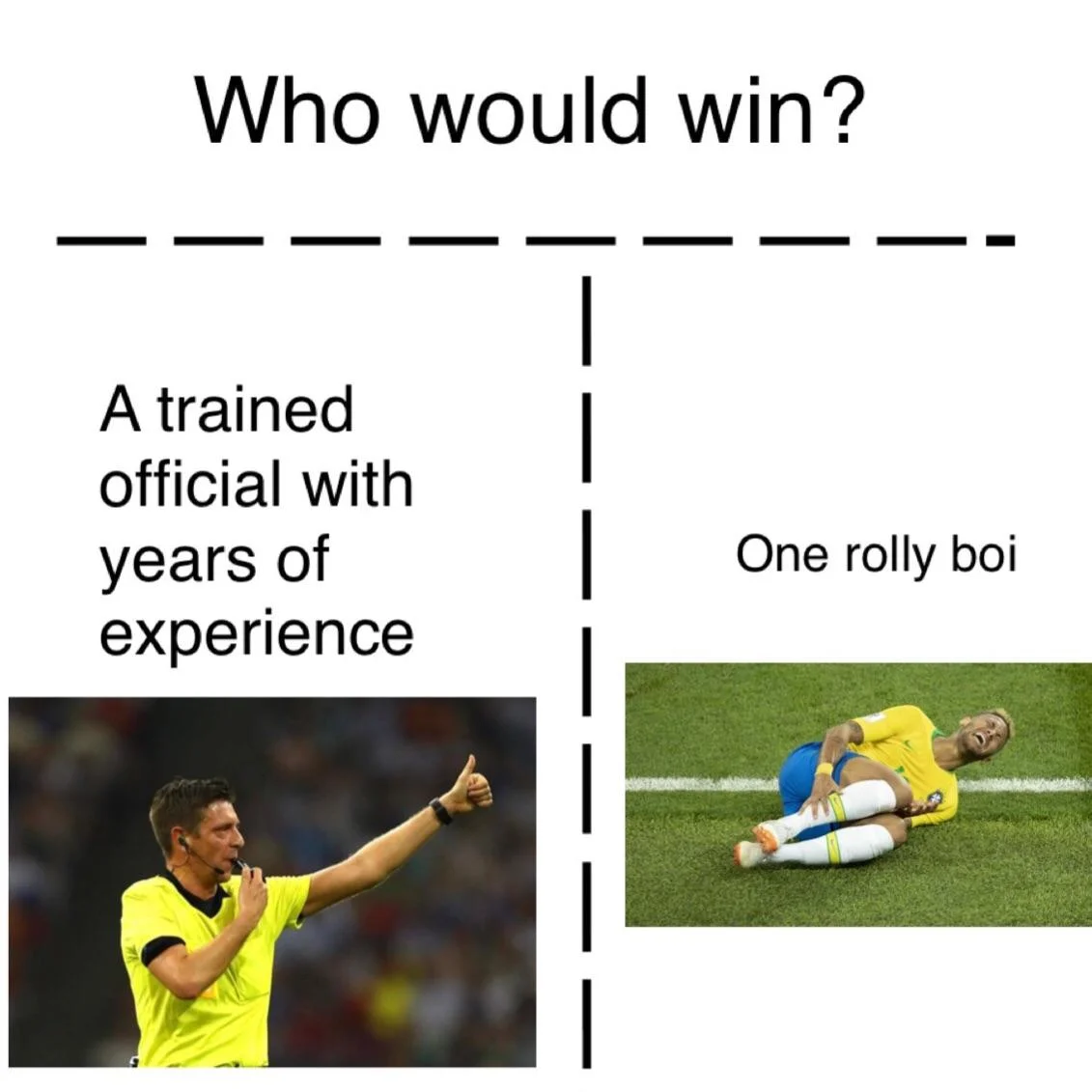 Who would win meme with a referee versus Neymar rolling on the ground