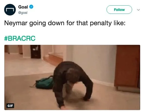 Neymars Dives — Social media screenshot from Goal account with caption 'Neymar going down for that penalty like:' with exaggerated falling GIF.
