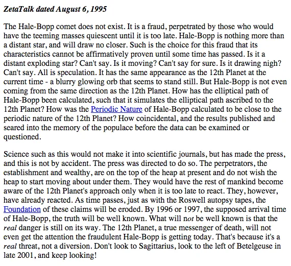 Nibiru Collision Scenario — ZetaTalk 1995 article text about Hale-Bopp comet and 12th Planet