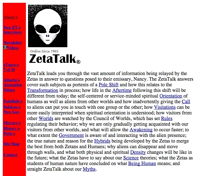 Nibiru Collision Scenario — ZetaTalk website homepage screenshot with alien head logo