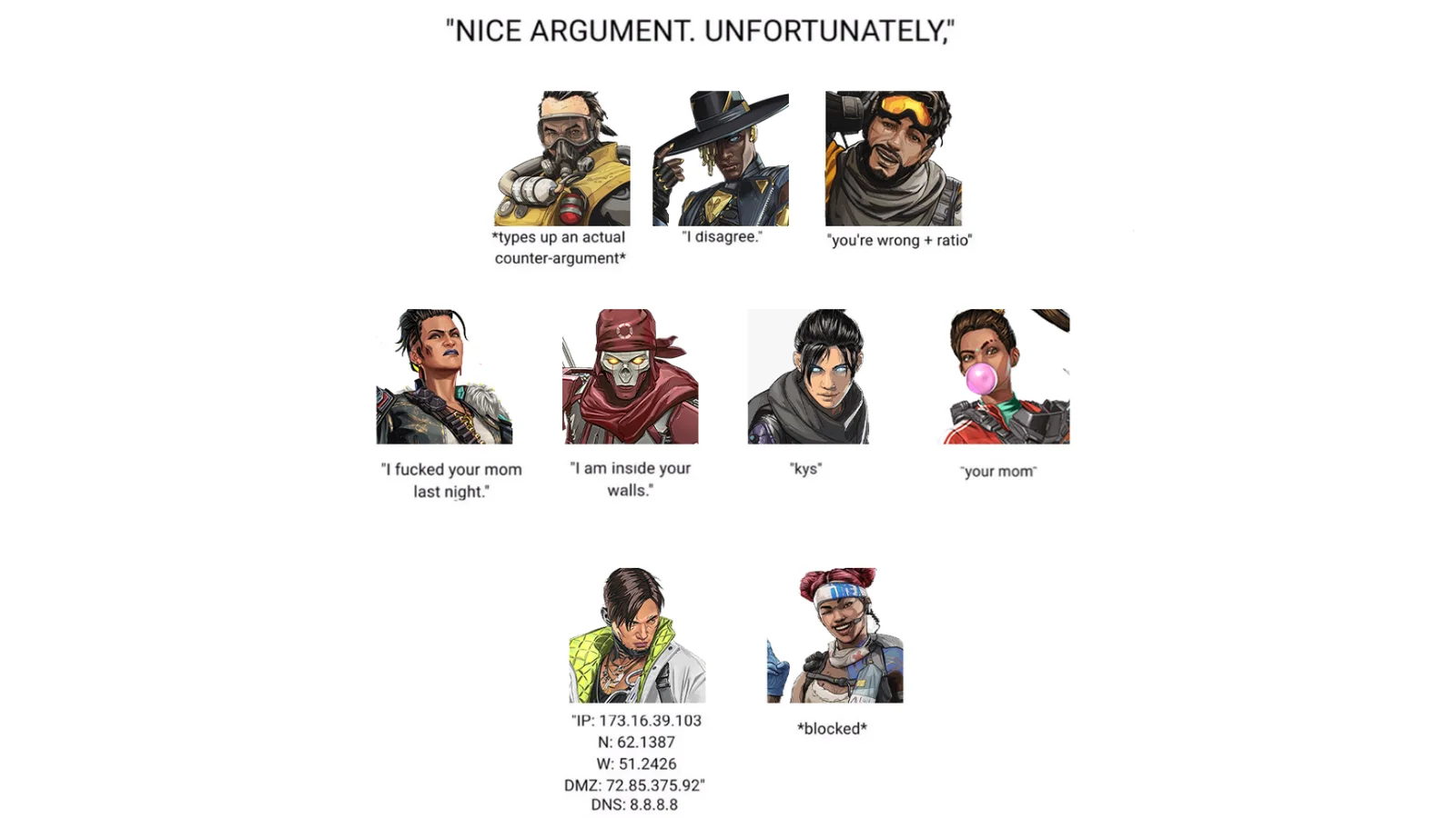 Nice Argument Unfortunately — Apex Legends characters chart labeled 'Nice Argument. Unfortunately,' with escalating comeback responses under each character.