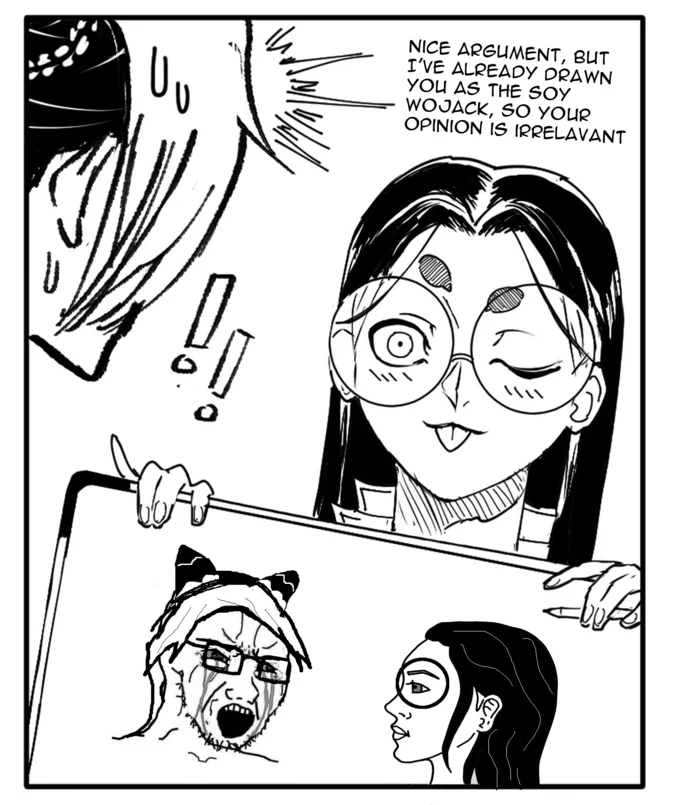 Nice Argument Unfortunately — Manga-style panel of a woman holding a whiteboard with Soy Wojak drawing, mocking her opponent's argument.