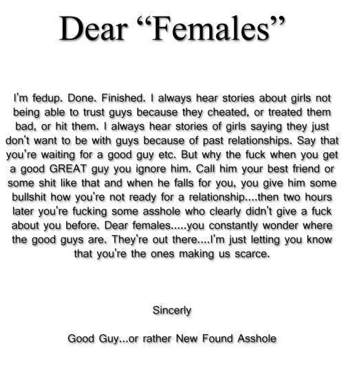 Nice Guys — Text-only rant titled Dear Females from a self-described nice guy complaining about being ignored