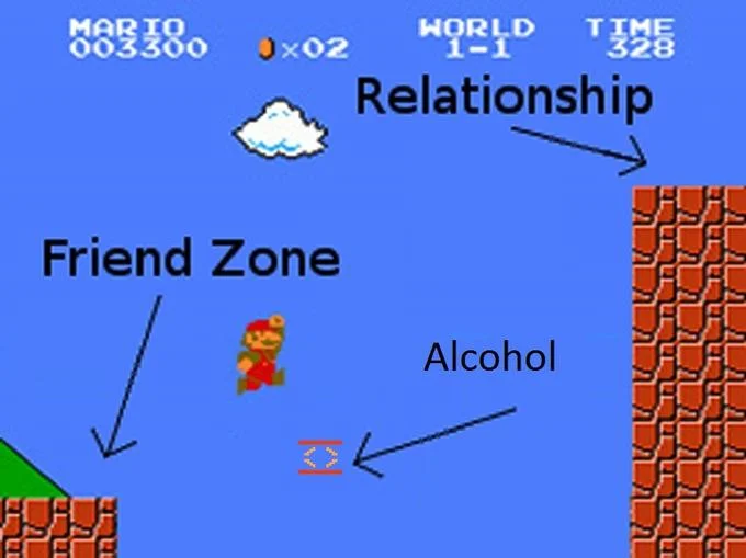Nice Guys — Super Mario level diagram labeling friend zone alcohol and relationship as obstacles