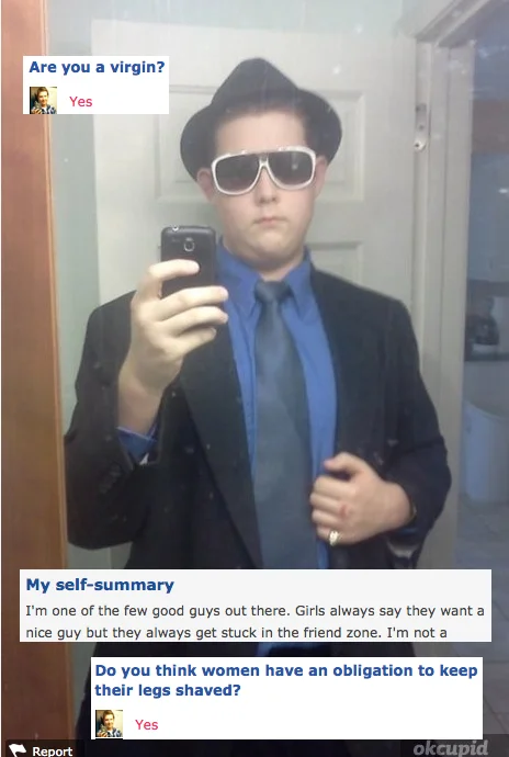Online Dating — OkCupid profile screenshot of fedora-wearing man with cringeworthy answers