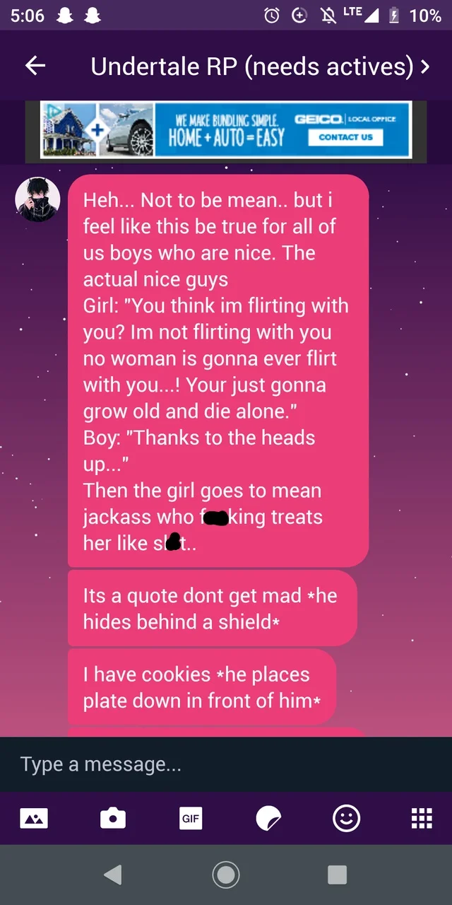 Nice Guys — Mobile chat screenshot of a nice guy rant inside an Undertale roleplay group