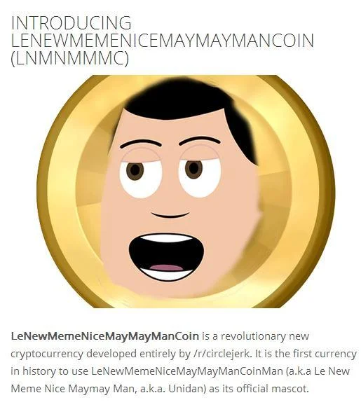 Mock announcement of LeNewMemeNiceMaymayManCoin featuring Nice Maymay Man on a gold coin