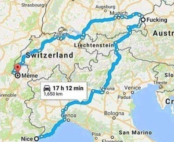 Nice Meme — Google Maps route from Nice through Meme to Fucking