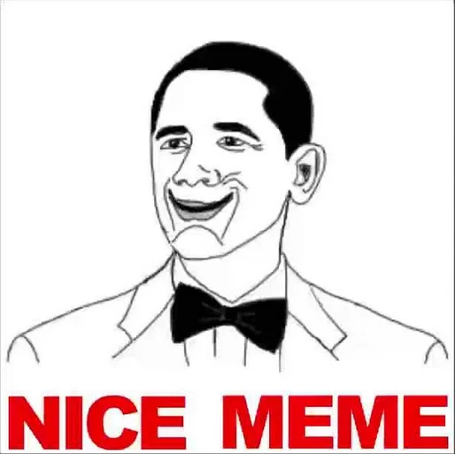 Line-art drawing of a smiling man in a bow tie with red 'NICE MEME' caption