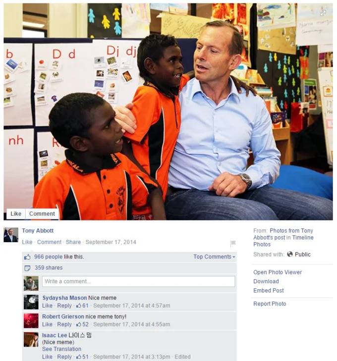 Facebook screenshot of Tony Abbott post with comments saying 'Nice meme'