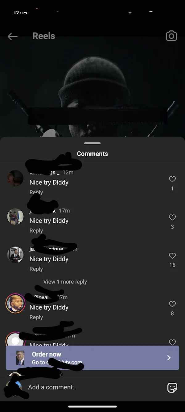 A mobile screenshot of an Instagram Reels comments section showing four consecutive 'Nice try Diddy' comments.