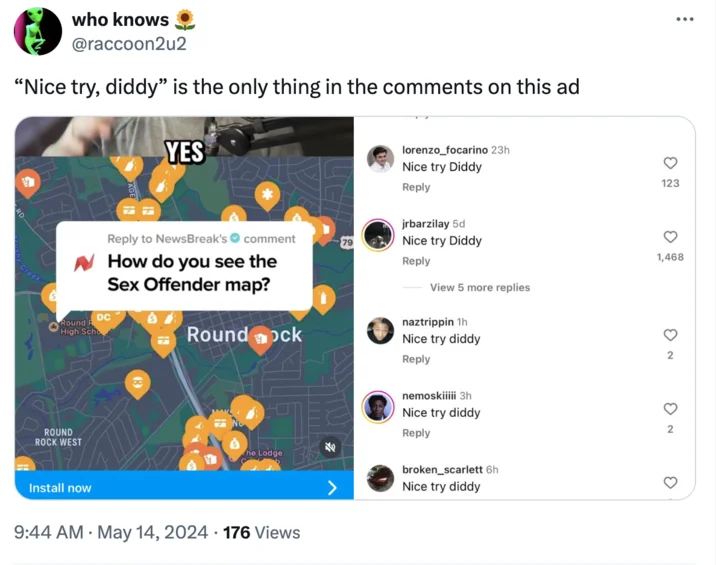 A screenshot of a tweet showing a TikTok advertisement comment section flooded with 'Nice try Diddy' comments.