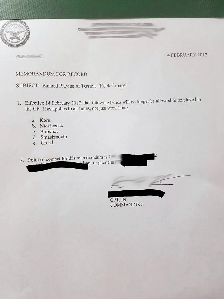 Military memorandum banning Nickelback and other rock groups from being played at the command post