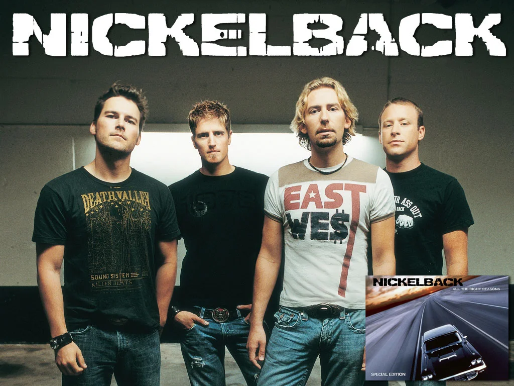 Nickelback band members posing under the Nickelback logo with All the Right Reasons album cover