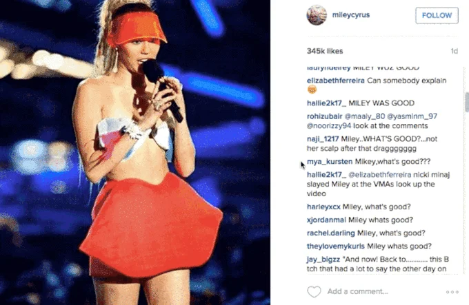 Nicki Minaj — Instagram comments spamming Miley what's good on Miley Cyrus post
