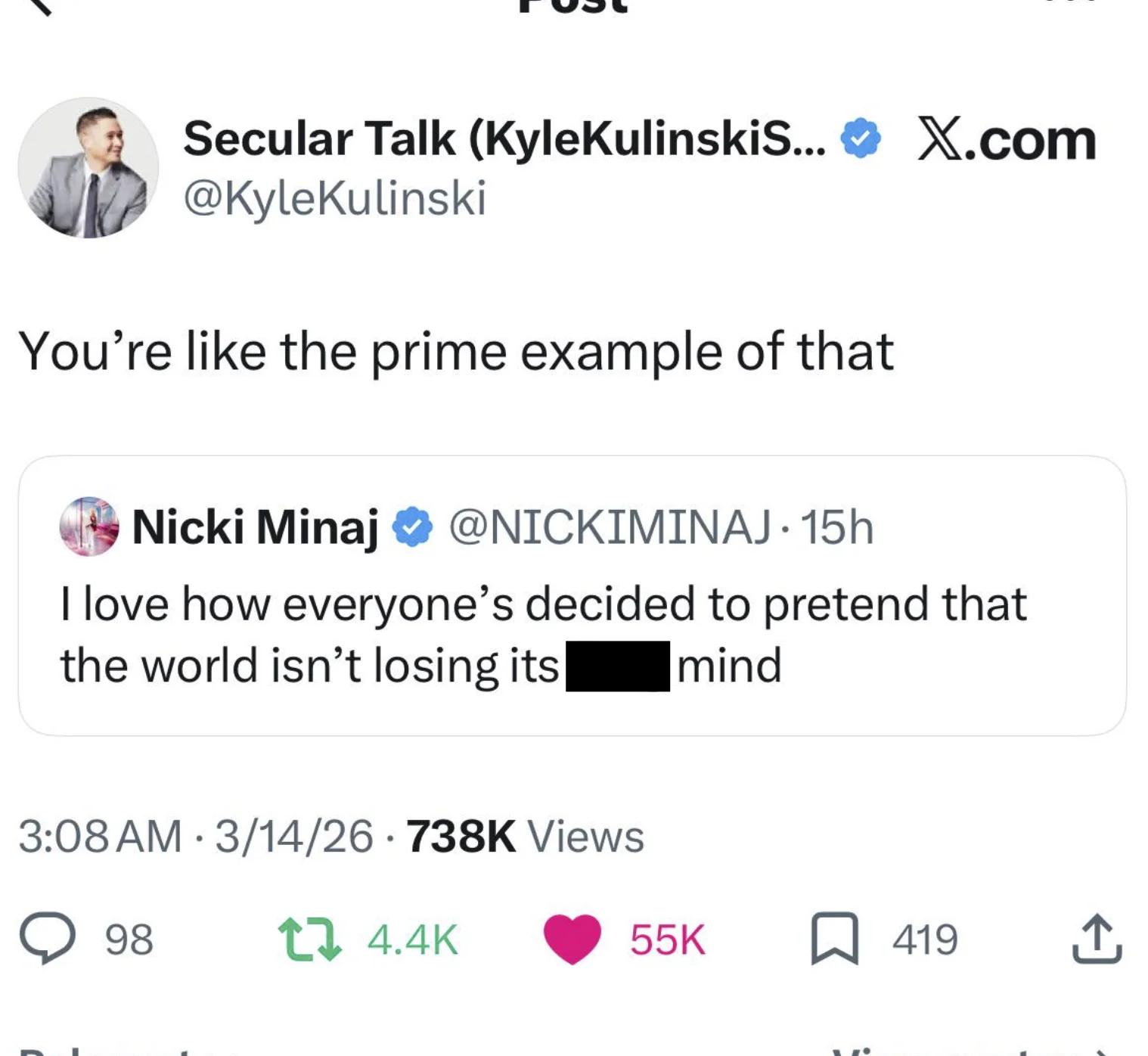 Kyle Kulinski quote-tweet of Nicki Minaj post on X