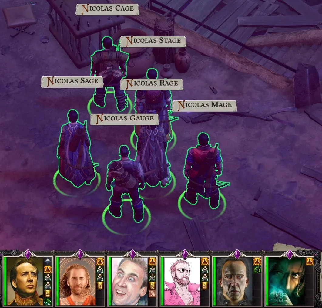 Video game screenshot labeling characters with Nicolas Cage rhyming pun names
