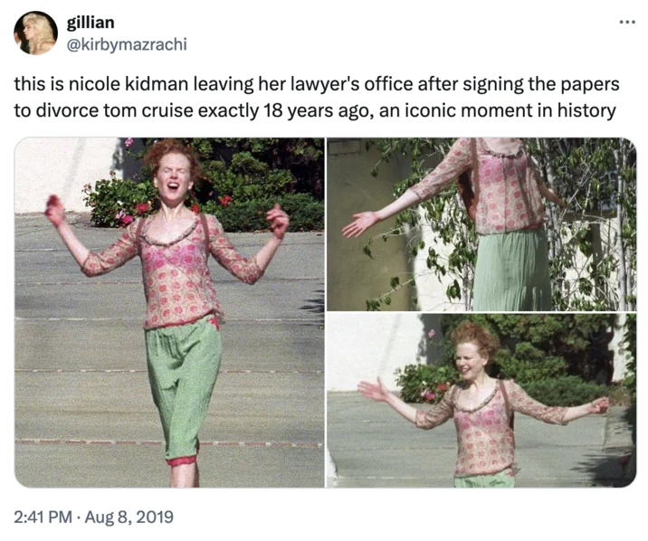 Nicole Kidmans Divorce Photos — A Twitter post from August 8, 2019, featuring three photos of Nicole Kidman captioned as an iconic moment 18 years prior.