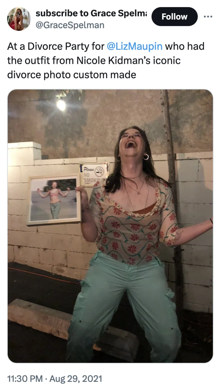 Nicole Kidmans Divorce Photos — A Twitter post showing a woman at a divorce party wearing custom-made pink floral shirt and teal pants imitating Nicole