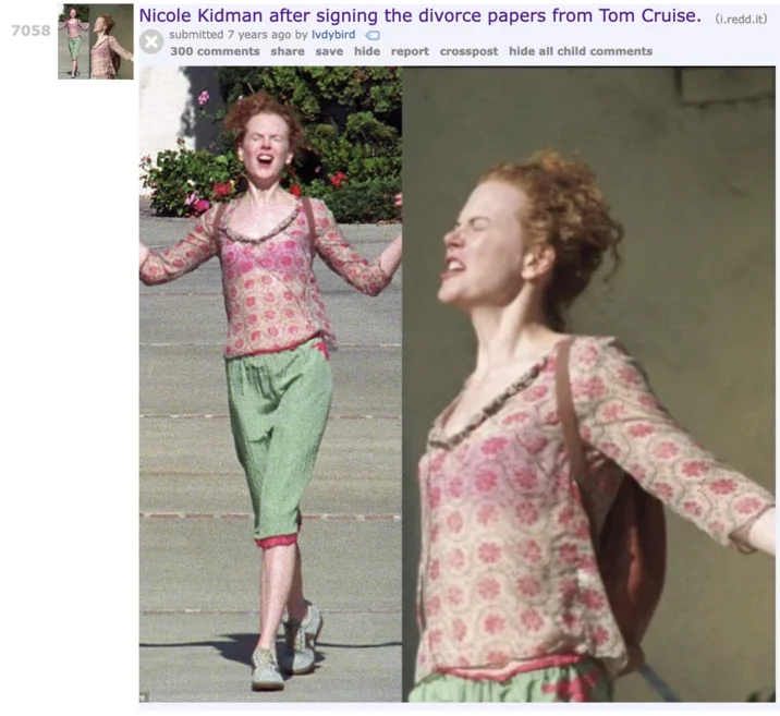Nicole Kidmans Divorce Photos — A Reddit post with 7,058 upvotes showing two photos of Nicole Kidman joyfully walking with arms spread after signing divorce