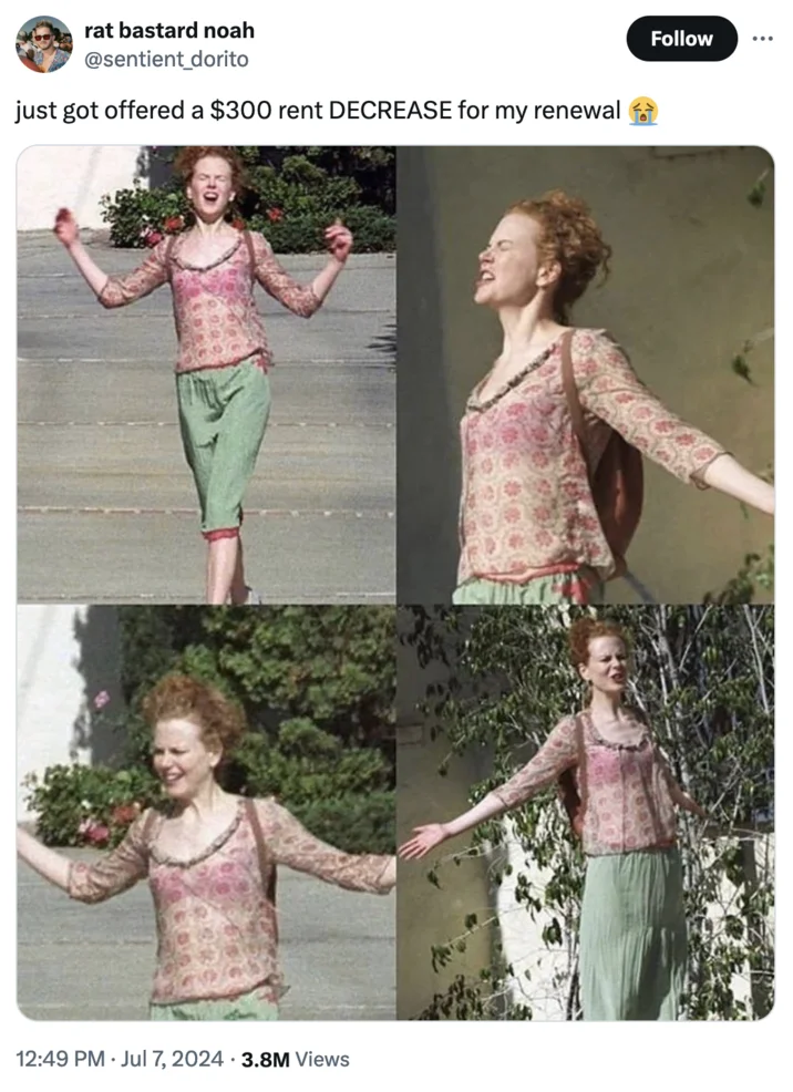 Nicole Kidmans Divorce Photos — A Twitter post using four photos of Nicole Kidman to express euphoria about receiving a $300 rent decrease offer.