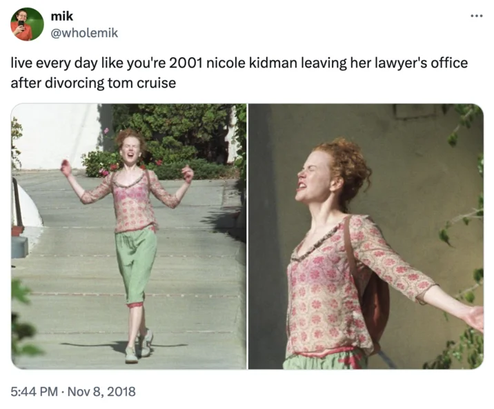 Nicole Kidmans Divorce Photos — A Twitter post by @wholemik from November 2018 showing two side-by-side photos of Nicole Kidman with joyful energy caption.