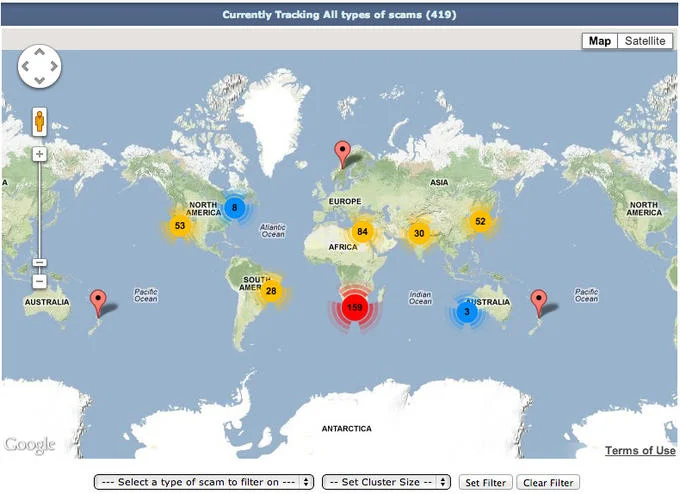 Nigerian Scams — A Google Maps-based scam-tracking visualization showing 419 fraud reports clustered across Africa, Europe, and the Americas.