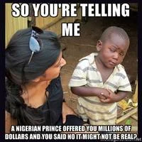 Nigerian Scams — The 'Skeptical Third World Kid' meme questioning why someone would reject a Nigerian Prince's offer of millions.