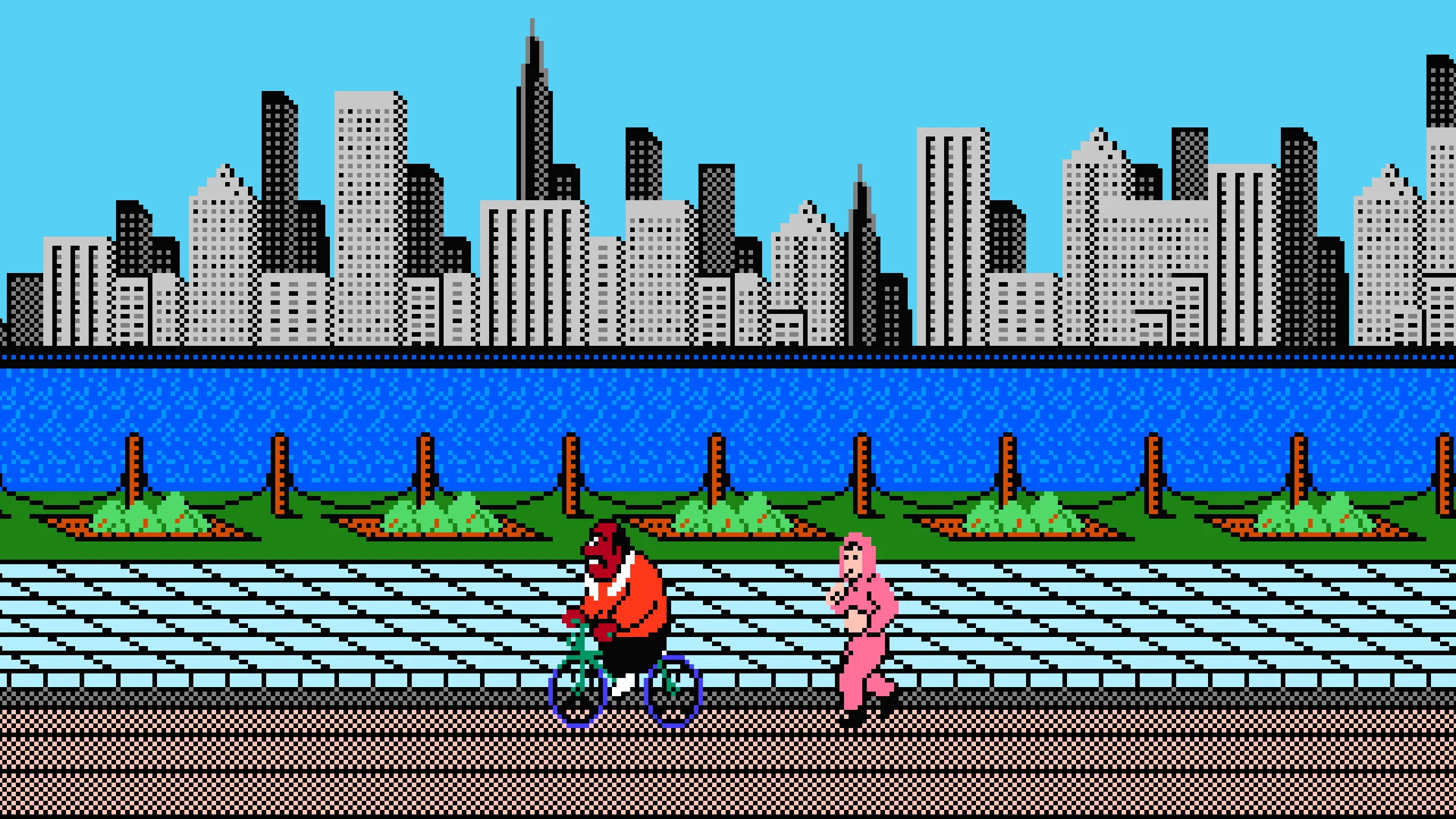 Nigga Stole My Bike — Pixel-art scene of a man on a bicycle being chased by a jogger in a pink tracksuit along a city waterfront