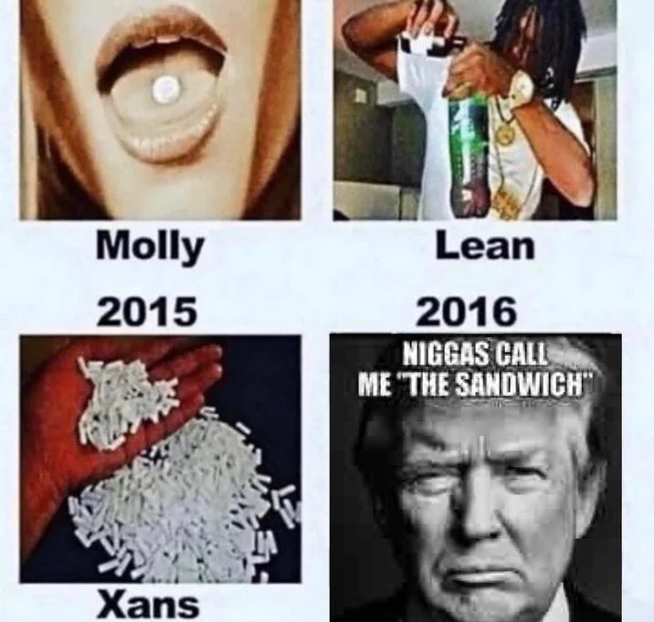 Niggas Call Me "The Sandwich" — Four-panel drug meme with Molly, Lean, Xans, and the Trump 'Sandwich' meme as the final panel.
