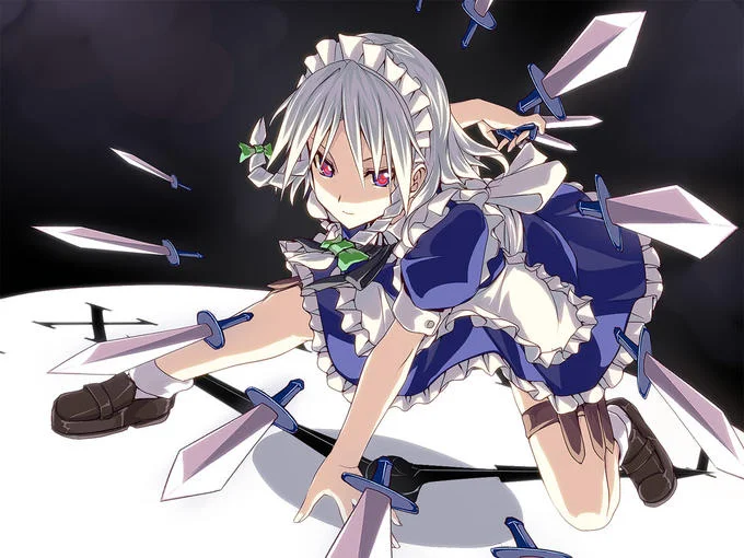Night Of Nights Night Of Knights — Anime illustration of Sakuya Izayoi in blue maid outfit with silver hair, surrounded by flying knives and daggers.