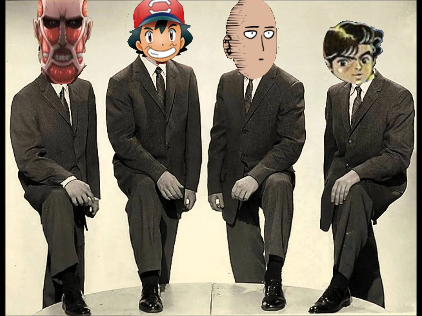 Nightcore — Four men in suits with anime character heads photoshopped over their faces