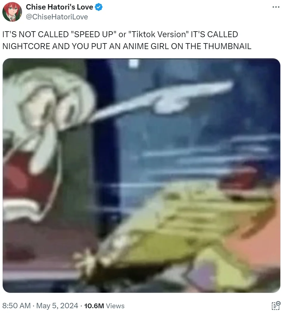 Tweet screenshot complaining that speed up TikTok songs are actually nightcore
