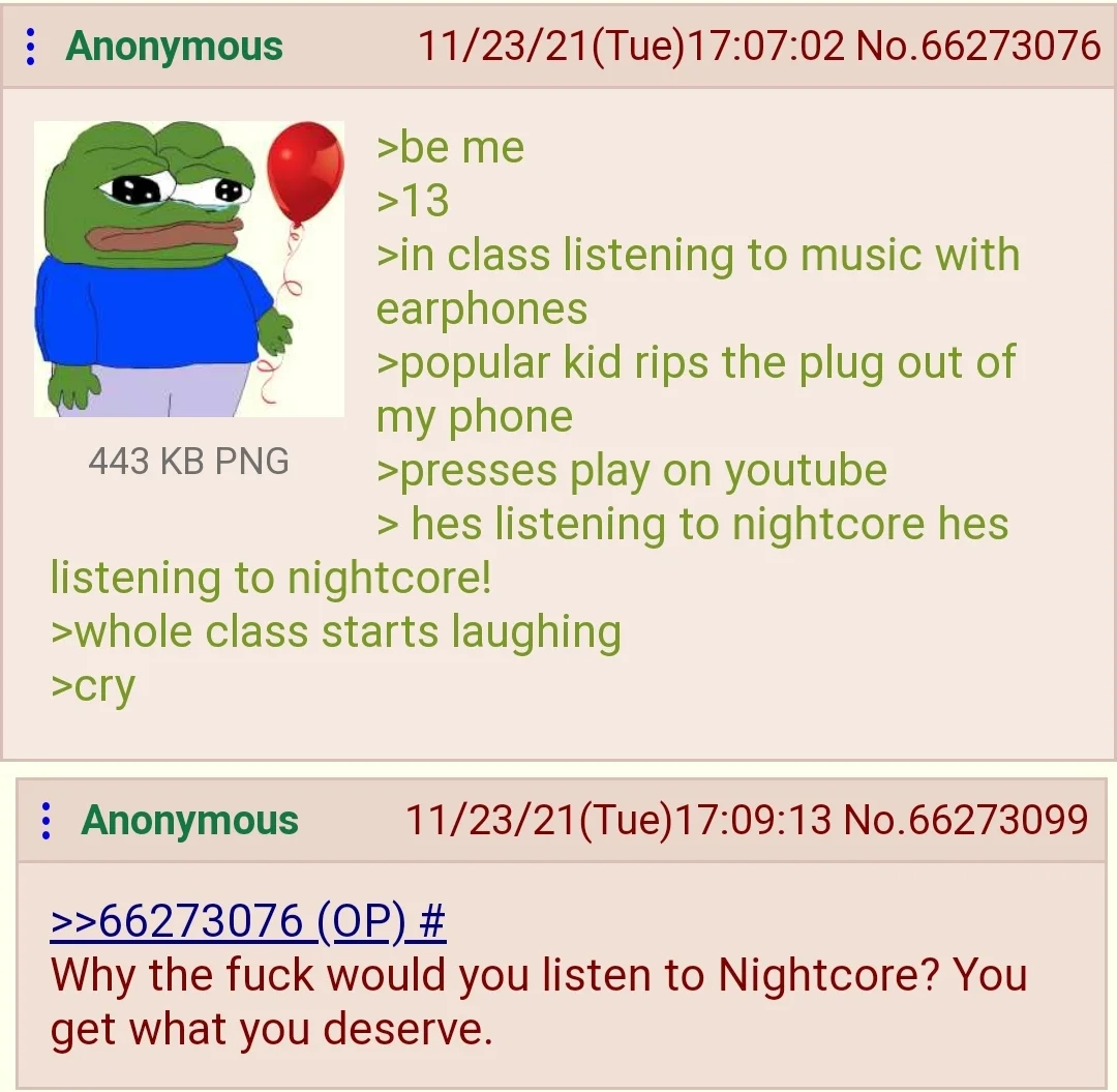 4chan greentext screenshot about being bullied for listening to nightcore