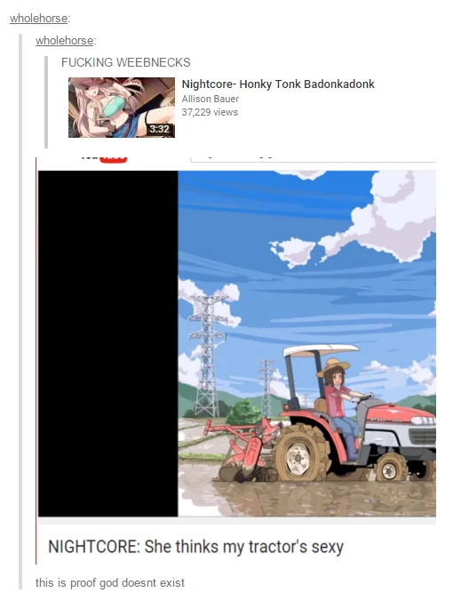 Tumblr post reacting to a nightcore country music remix with anime thumbnail