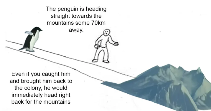 Nihilist Penguin — An explanatory diagram with penguin and stick figure showing directional arrows and text about 70km mountain distance.