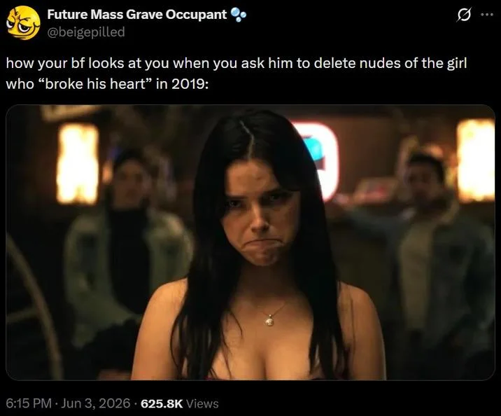 How Your Girlfriend Looks At You — Tweet by beigepilled flipping the meme to portray a boyfriend's perspective