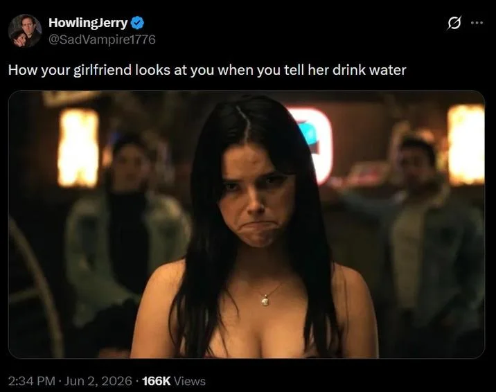 How Your Girlfriend Looks At You — Tweet by HowlingJerry using the meme with caption about telling girlfriend to drink water