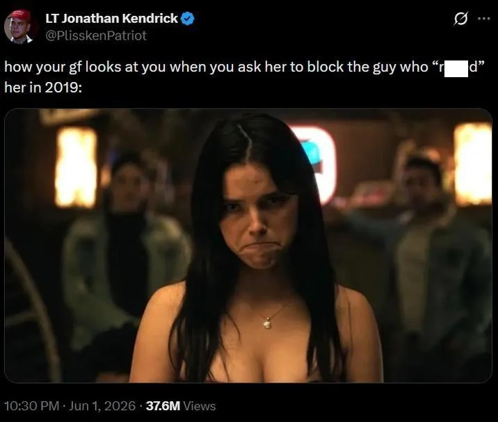 How Your Girlfriend Looks At You — Twitter post by PlisskenPatriot using the frowning girlfriend meme with 37.6M views