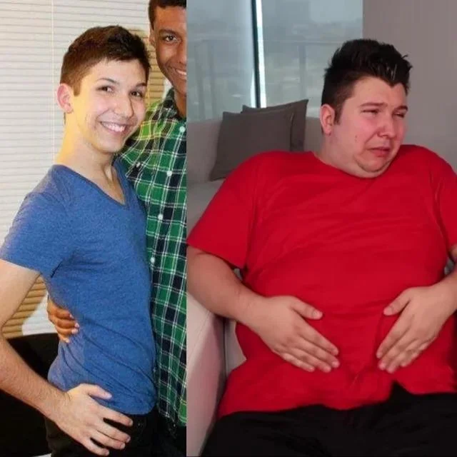 Nikocado Avocado Weight Loss — Side-by-side photograph showing Nikocado Avocado's weight transformation with thinner version on left and heavier on right.