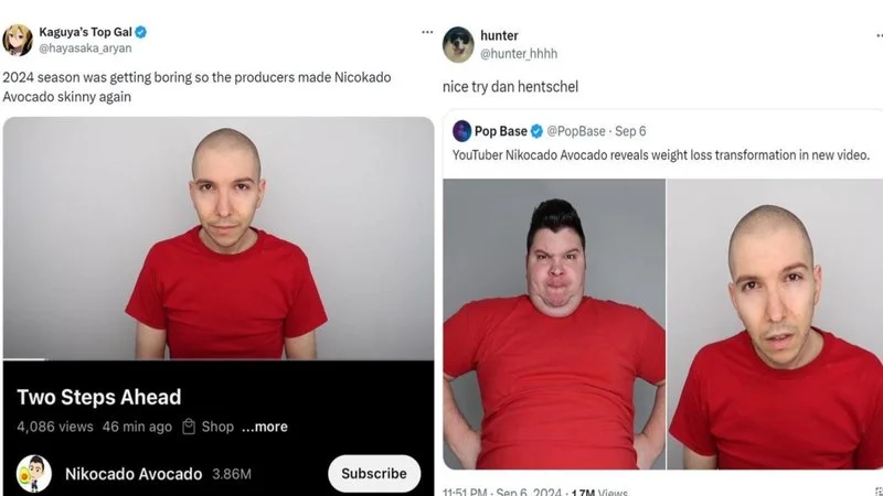 Nikocado Avocado Weight Loss — Compilation of Twitter and YouTube screenshots showing social media reactions to Nikocado Avocado's weight loss.
