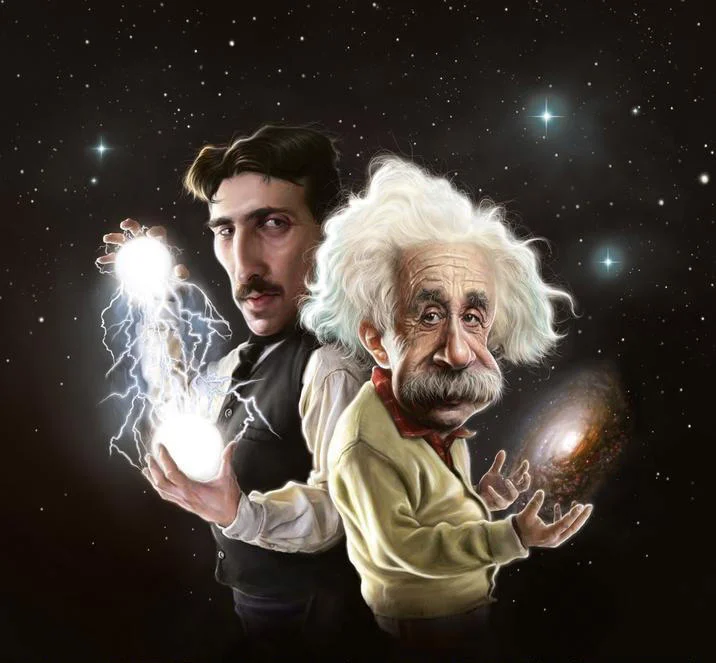 Caricature portrait of Nikola Tesla and Albert Einstein holding electricity and a galaxy